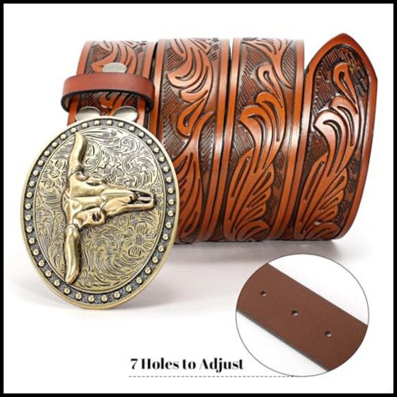 Western Leather Belt with Large Gold Bull Buckle for Jeans main image 5